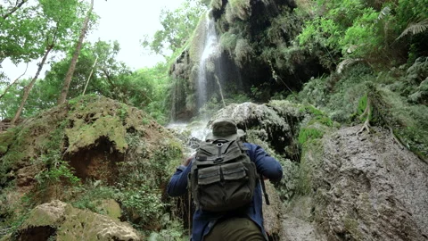 Back view hikers standing at waterfall. The Backpacker are traveling in the rain Stock Footage 158974158