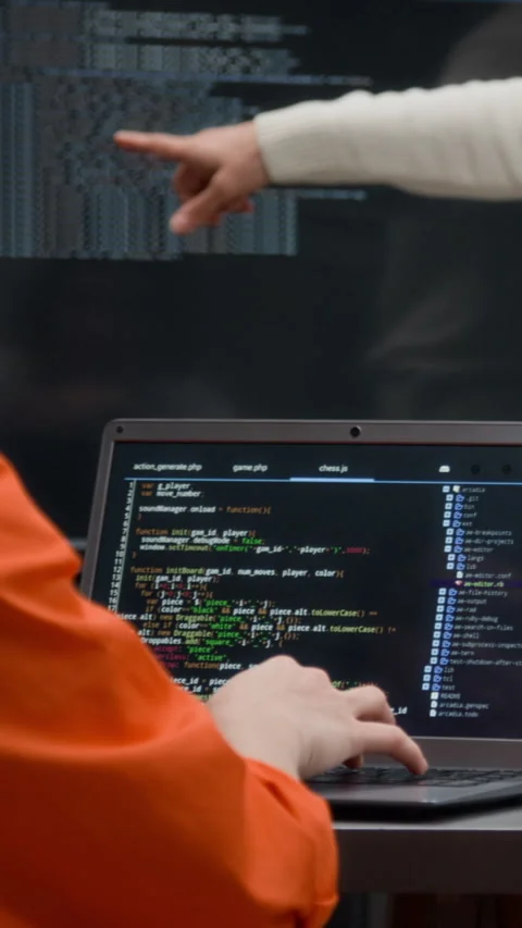 Back View Inmate Using Computer with Code on Screen Vertical Stock Footage 329002988