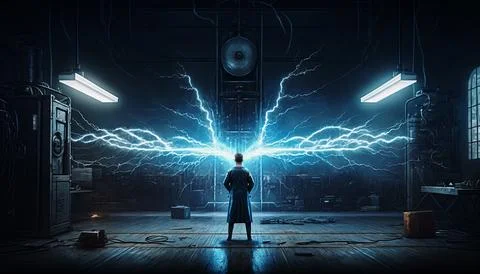 Back view of an inventor, electrical researcher, in a laboratory with extensive Stock Illustration
