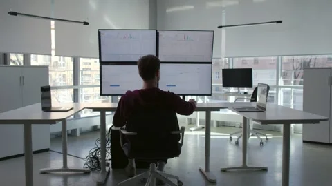 Back view of it-programmer work at multi-screen computer workstation Stock-Footage 244859879
