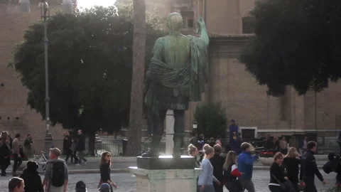 Back View of Julius Caesar Statue at Roman Forum, Rome, Italy - Tourists Walking Stock Footage 313245788