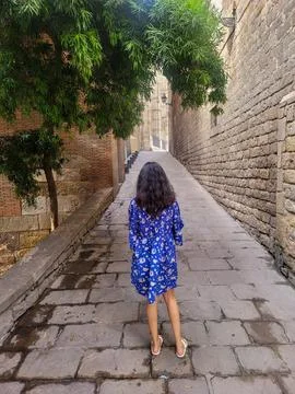 Back view of a lady standing and looking at the path . Stock Photos