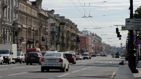 Back view of large car traffic on the Nevsky street in the day Stock Footage 122548170