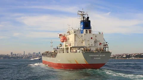 Back view of the large tanker ship cruises into the sea Stock Footage 41312413