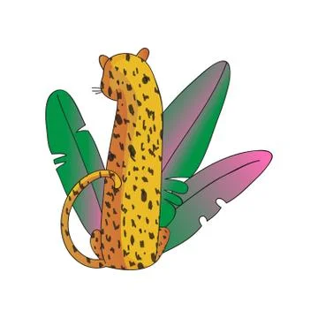 Back view of leopard and big tropical leaves with gradients. Wild cat with black Stock Illustration