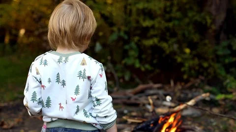 Back view of little blonde boy looking at scenic fireplace in beautiful green 스톡 동영상 120171089