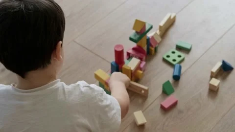 Back view little boy building tower of block toys sitting on floor. Having fun Stock Footage 171969811