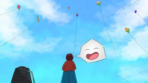 Back view of little boy flying kite on the roof. Stock Illustration