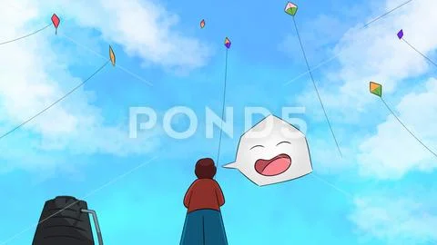 Back view of little boy flying kite on the roof. PSD Template