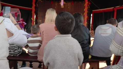 Back view of little boy watching a concert for kids Stock Footage 244635631