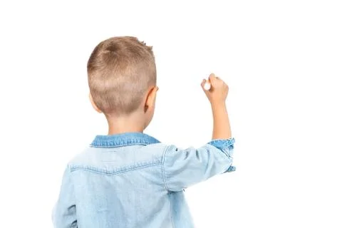 Back View of Little Kid Drawing with Pencil isolated on white background Stock Photos