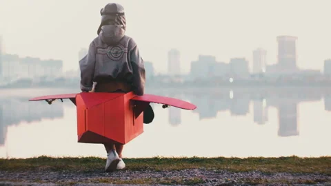 Back view of little pilot boy getting out of fun red cardboard plane at amazing Video stock 99693184