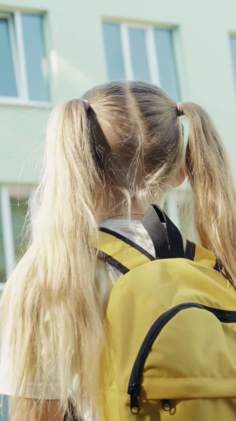 Back view of little schoolgirl with backpack walking away vertical video Vídeo Stock 341522834