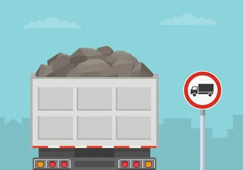 Back view of a loaded dump truck at "No heavy vehicles" sign area. Stock Illustration