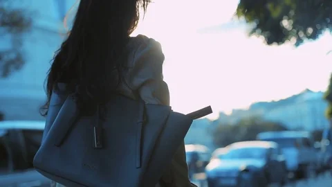 Back view of long-haired brunette business woman walking in the city. Stylish Stock Footage 84643611