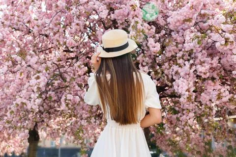 Back View of the Long Haired Drunette Lady in Straw Hat And White Dress Standing Foto stock