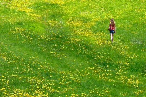 Back view of long-haired slim little girl in casual clothes Stock Photos