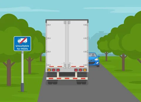 Back view of a lorry drove onto unsuitable road for heavy goods vehicle. Stock Illustration