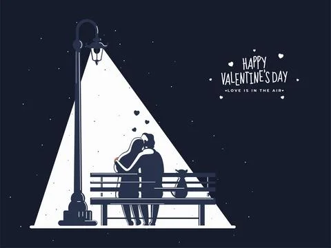 Back View of Loving Couple Hugging with Cat Sitting on Bench with Blue Nigh.. Stockillustratie