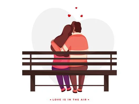 Back View of Loving Couple Hugging Sit on Bench for Love is in the air concep Ilustração Stock