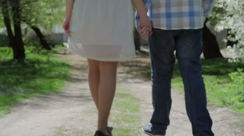 Back view of loving couple walking together while holding hands in park Stock-Footage 49803236