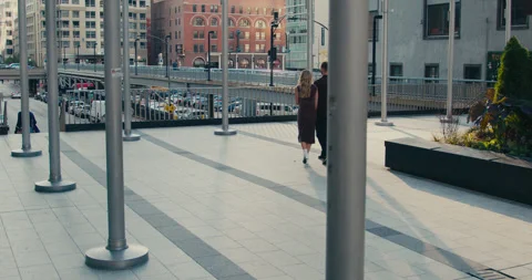 Back view of a loving couple walking through the streets of a big city at sunset Video stock 347012334