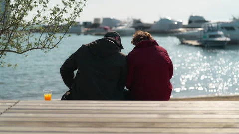 Back view of a loving elderly couple sitting on a park bench watching the s.. Stock Footage 333845026