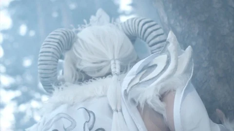 Back view of magical forest-dwelling satyr woman, walks and touches trees Stock Footage 93000901