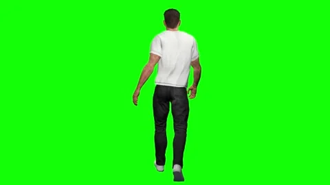 Back view of male model walking with relaxed catwalk motion on green 動画素材 328639399