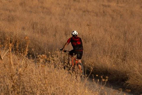 Back view of man cycling in empty field during daytime Foto stock