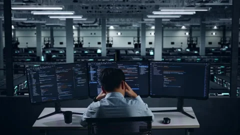 Back View Of Man Developer Having Headache While Write Code In Data Center Stock Footage 270226657