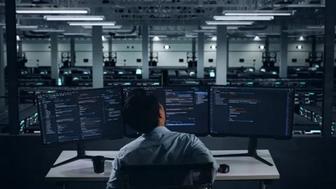 Back View Of Man Developer Having Backache While Write Code In Data Center Stock Footage 270226897
