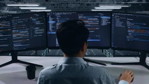 Back View Of Man Developer Having Headache While Write Code In Data Center Stock Footage 270227113
