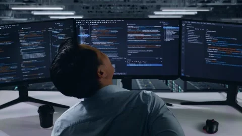 Back View Of Man Developer Having Backache While Write Code In Data Center Stock Footage 270227452