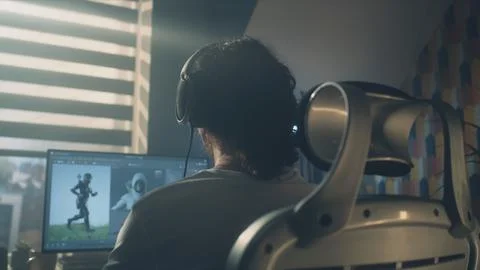 Back view of man developing video game Stock Photos