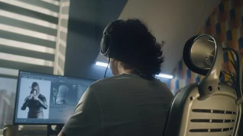 Back view of man developing video game Stock Photos