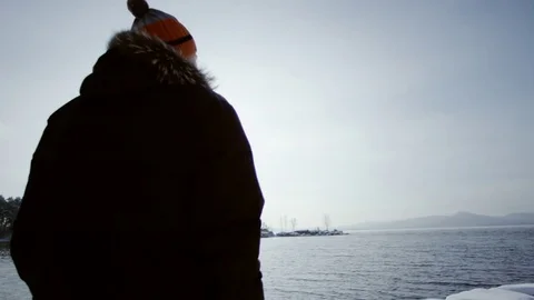 Back view of a man enjoying winter lake Stock Footage 70802501