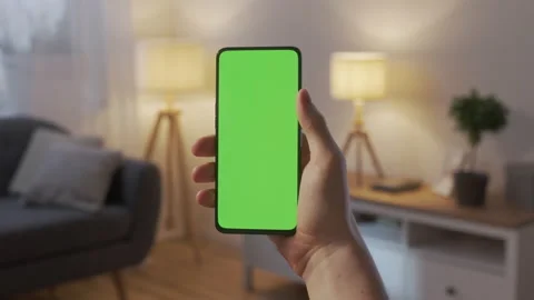 Back View of Man at Kitchen Room Sitting on a Chair Using Phone With Green Mock Stock Footage 205574717