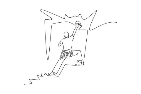 Back view man reaching for high hold on rocky cliff 스톡 일러스트