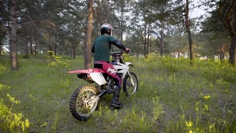 Back view of man riding motorcycle in summer green woods Video stock 78041039