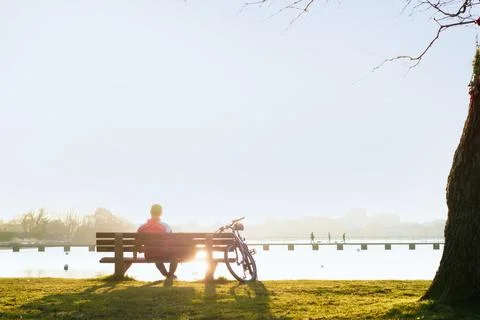 Back view man sitting on the bench at the bank of park's lake and enjoying the Stock Photos