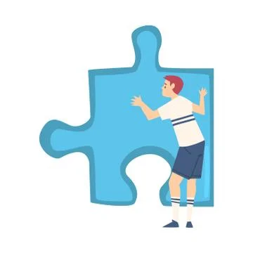 Back View of Man Solving Jigsaw Puzzle, Man in Sports Unifrom Trying to Connect Illustrazione stock