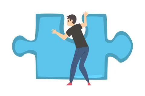 Back View of Man Solving Jigsaw Puzzle, Businessman Trying to Connect Blue Illustrazione stock