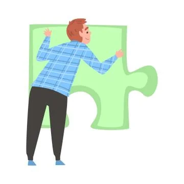 Back View of Man Solving Jigsaw Puzzle, Person Trying to Connect Big Green Stock Illustration