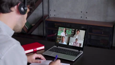 Back view of man speak using Webcam conference on laptop with diverse colleagues 스톡 동영상 139268734