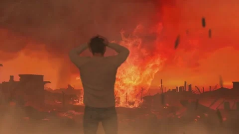 Back view A man standing on a road of burnt up city. Apocalyptic view of city Stock Footage 253470690