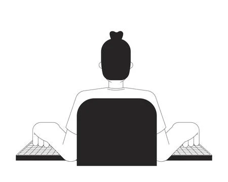 Back view man typing computer keyboard black and white 2D line character Illustrazione stock