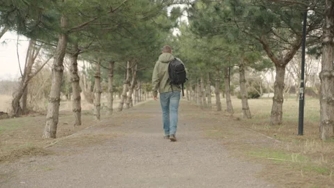 Back view Man walking outdoors in autumn park. A male tourist walks with a 스톡 동영상 172361856