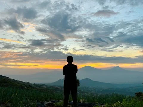 Back View of Man Watching Beautiful Mountain Sunrise over Terraced Farms Stock Photos