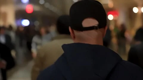 Back view of a man wearing a baseball cap and hoodie, walking through a blu.. Stock Footage 321301120